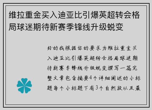 维拉重金买入迪亚比引爆英超转会格局球迷期待新赛季锋线升级蜕变 维拉重金买入迪亚比引爆英超转会格局球迷期待新赛季锋线升级蜕变