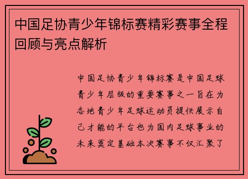 中国足协青少年锦标赛精彩赛事全程回顾与亮点解析